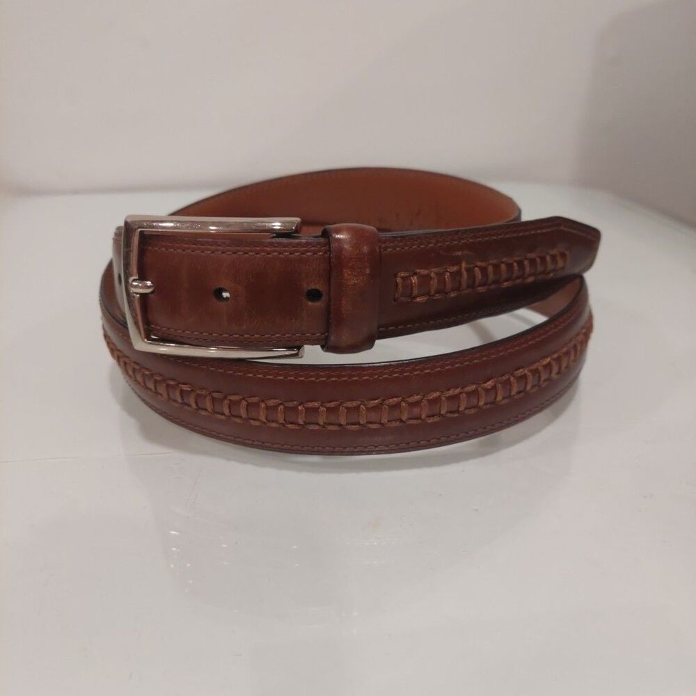 Johnston & Murphy Mens Belt Stitched Brown Silver Tone Buckle 40